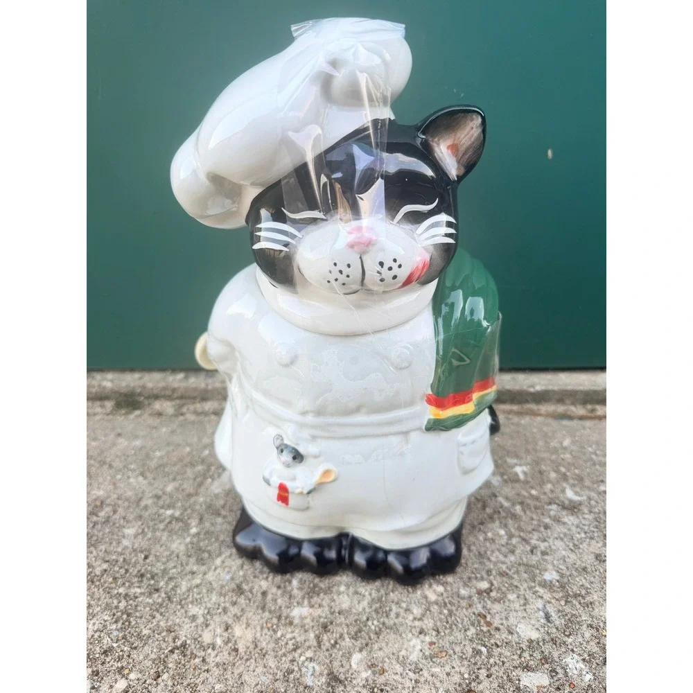 Vintage Tuxedo Cat Chef Ceramic Cookie Jar with Mouse in Pocket White Black 11in